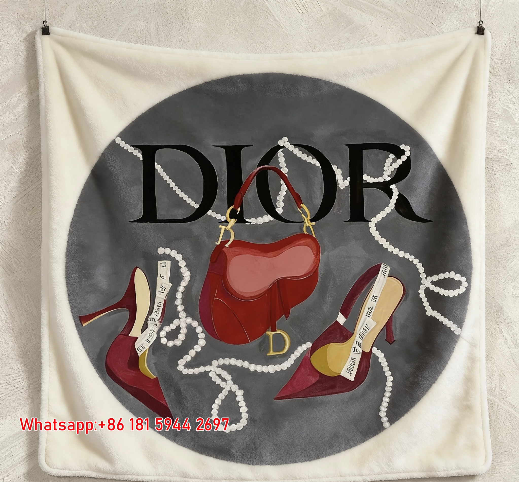 Dior Red Handbag & Heel Pearl Art Flannel Throw Blanket Sofa Cover Blanket D405